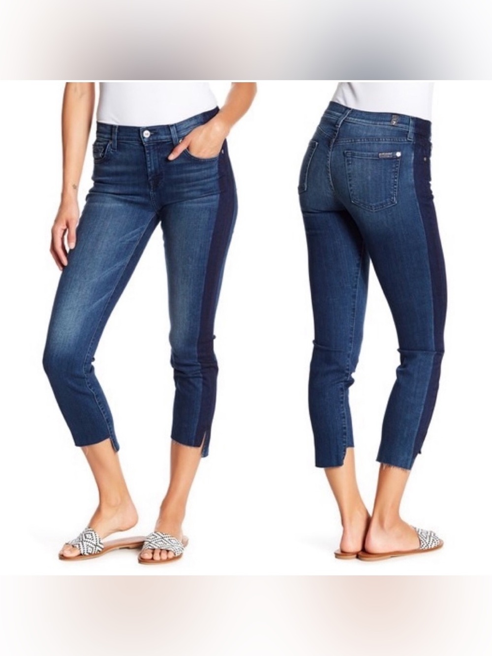 7 For All Mankind Rox Two Tone Denim Ankle Skinny Jeans 30 Raw Hem Cropped Blue